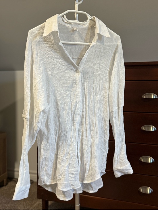 Tops - White Crinkle Gauze Button Front Beach Cover Up Shirt